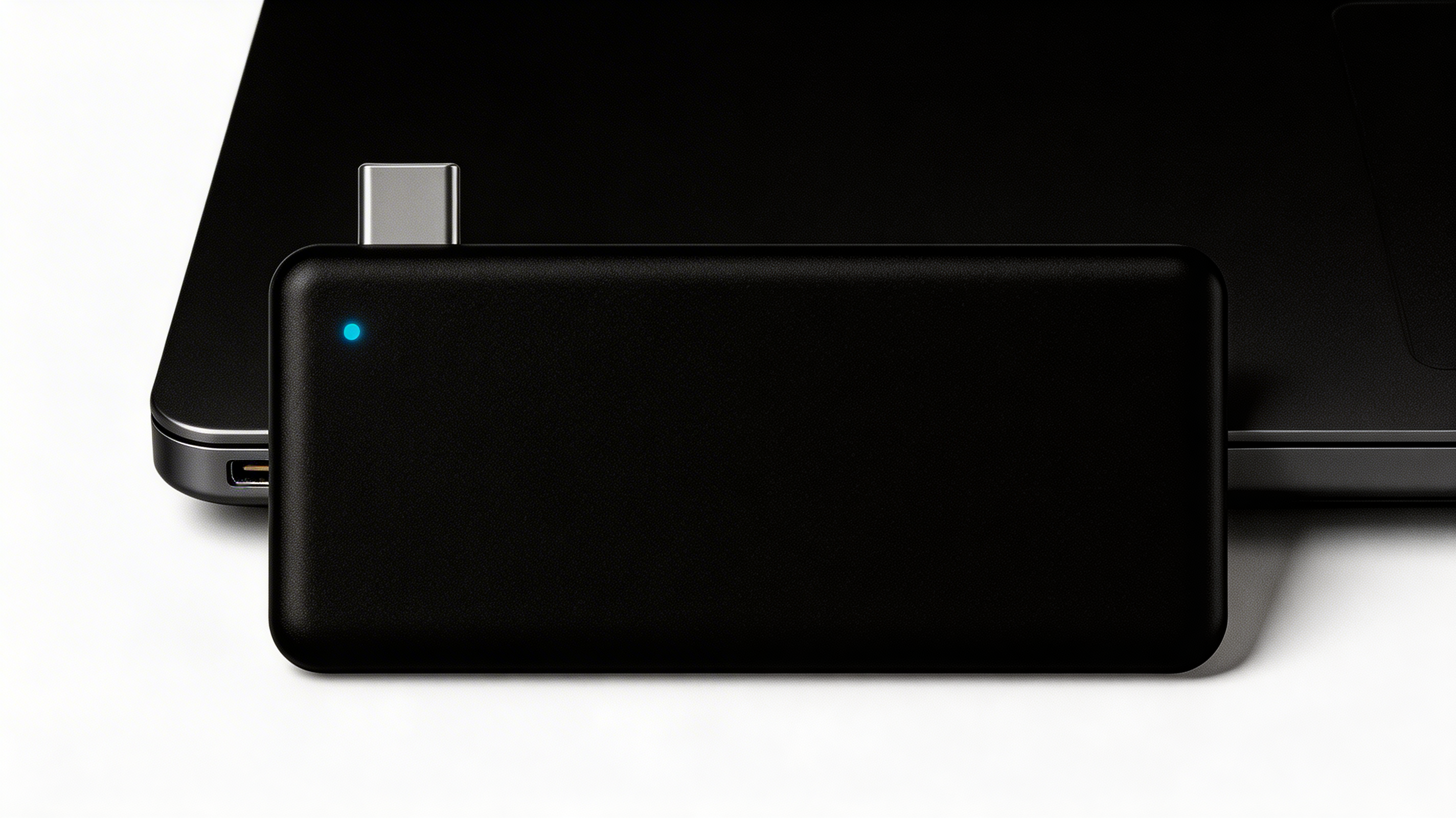 Relay Pro being plugged into MacBook Pro at coffee shop — 5G connectivity on the go