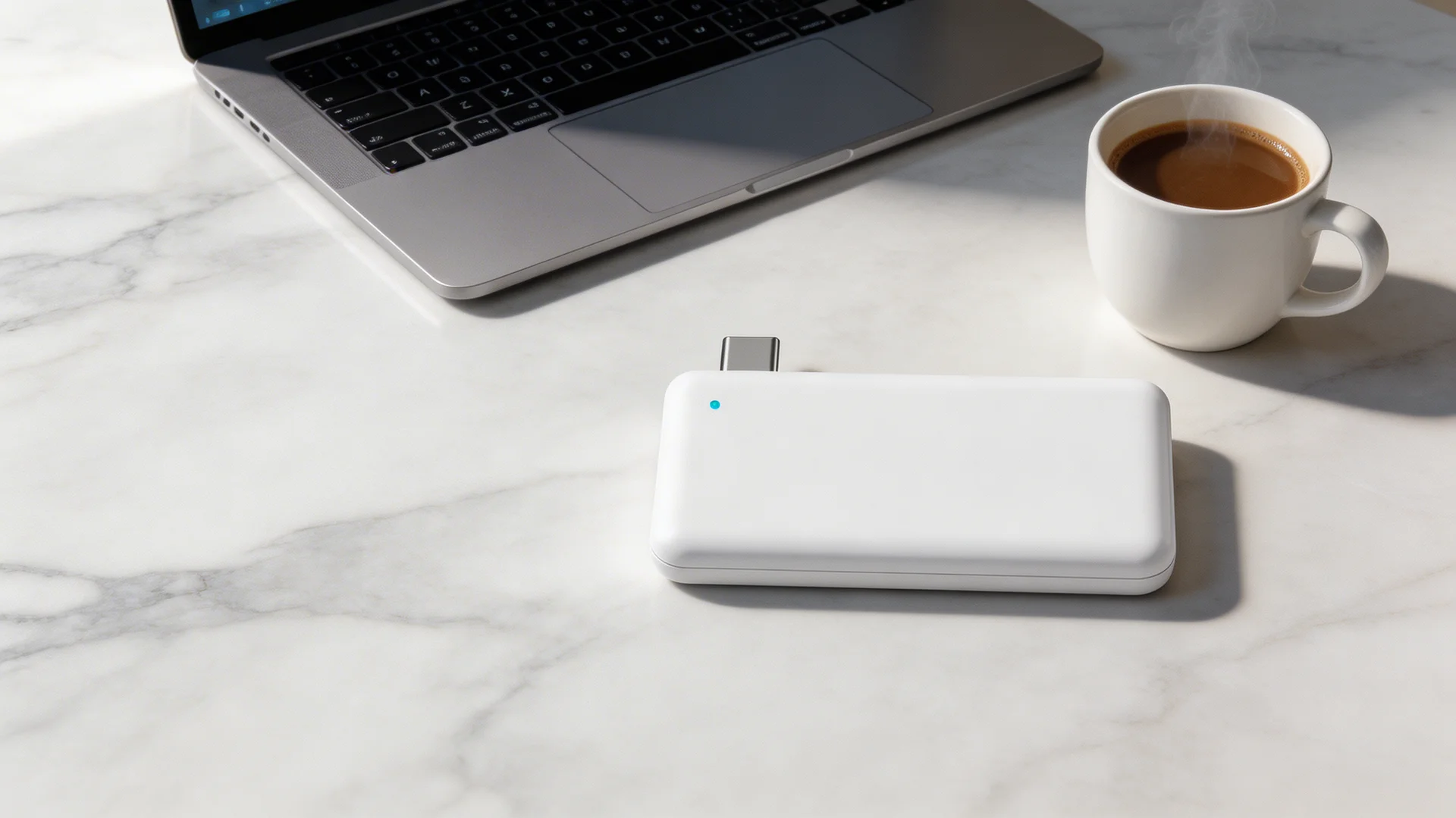 Relay 5G module on desk next to MacBook and coffee — lifestyle product photography