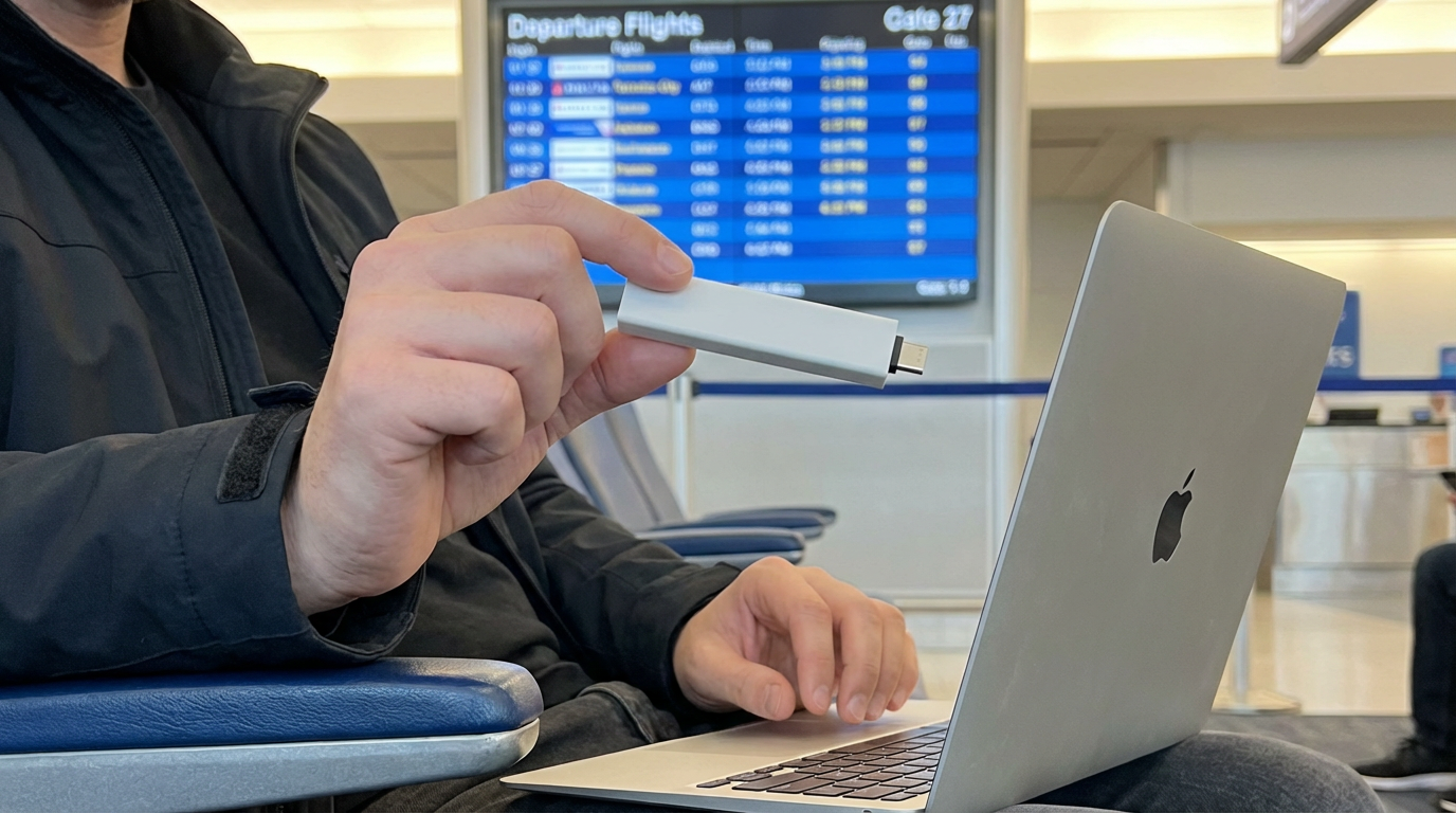 MacBook user at airport — 5G connectivity gap